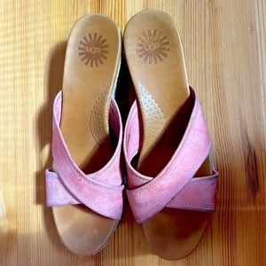Ugg pink leather cross and sandals with slight wedge.